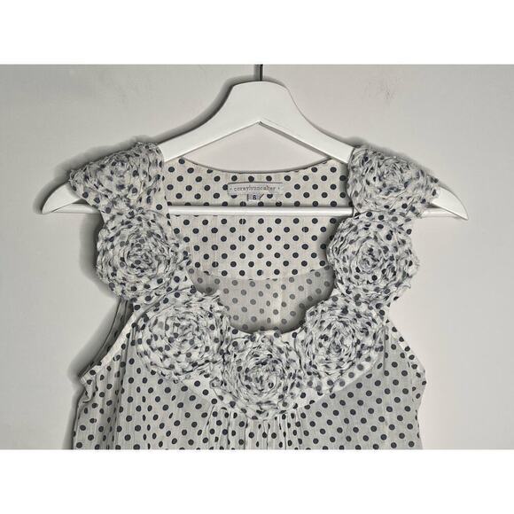 Corey Lynn Calter Polka Dot Blouse with Flower On Neck White/Navy Women's Size 6 - Picture 2 of 7